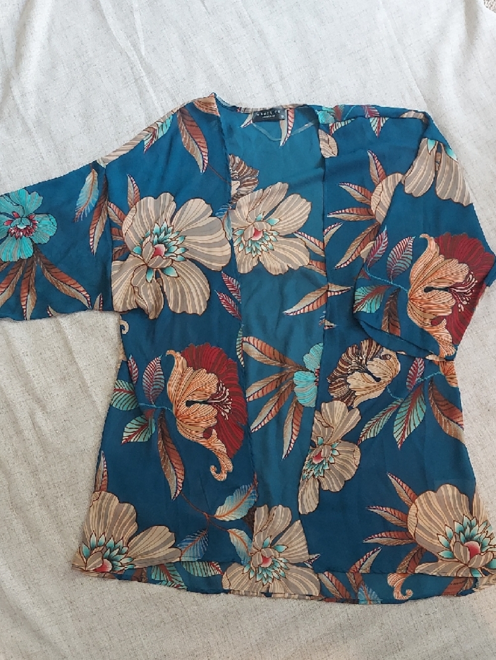 Floral Beach Kimono Coverup in Teal with Red